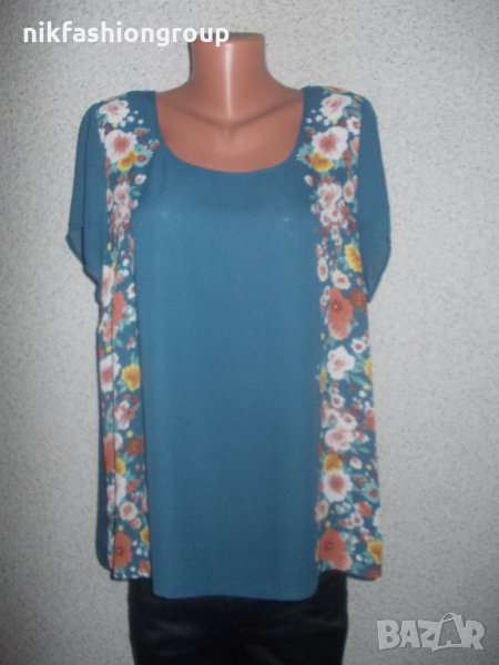 Петролено синя блуза на цветя, XL, XXL размер, снимка 1