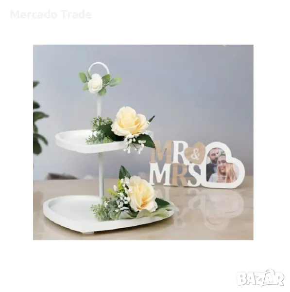 Декоративен дървен поднос, 2 нива, Бяло във формата на сърце, Mr&Mrs, снимка 1