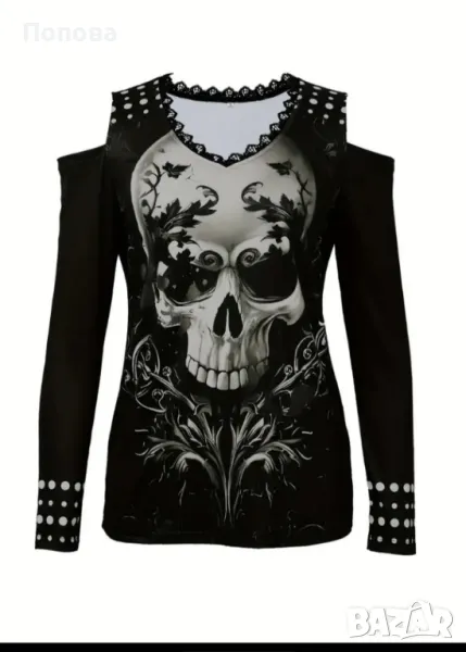 Блуза с голи рамене и принт череп, размер М, снимка 1