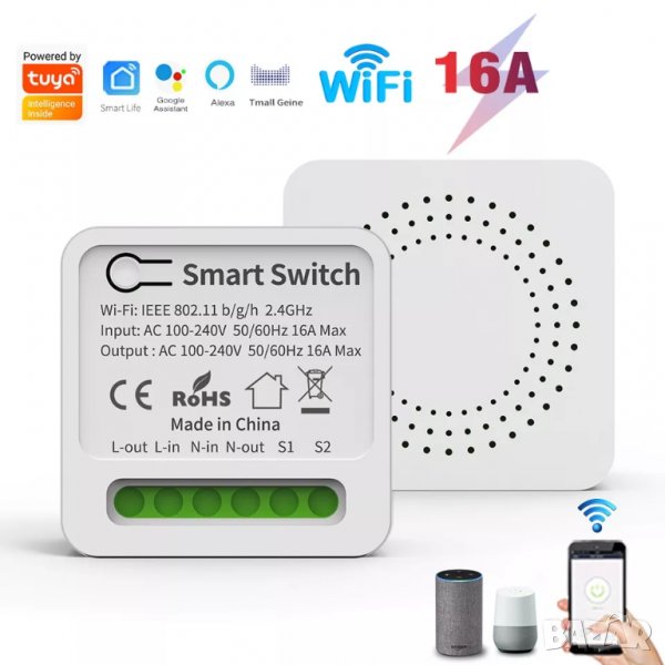 Tuya Smart / Smart Life WiFi 16A мини-превключвател без/със енергиен отчет, снимка 1