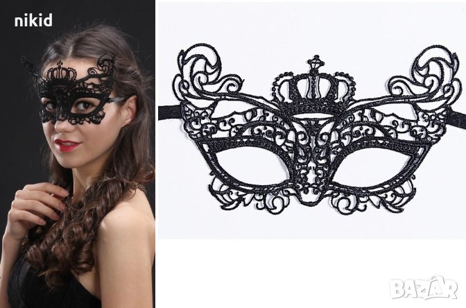 03 домино Корона черна  маска дантела за лице очи маскарад парти бал, снимка 1