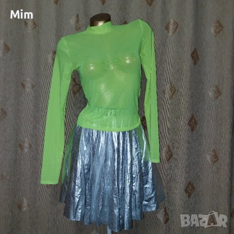 S К- т Неоново зелена, прозрачна блуза от тюл и сребриста пола, снимка 4 - Поли - 43579685