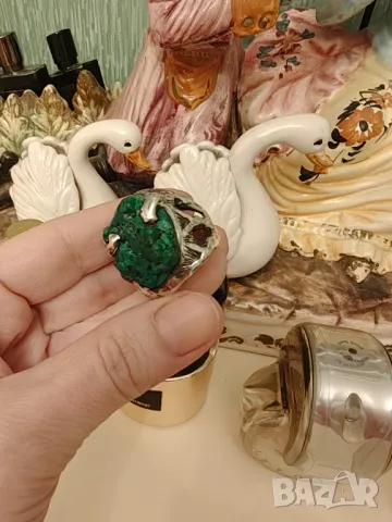 Уникален сребърен пръстен с естествен зелен тюркоаз, снимка 3 - Пръстени - 47453268