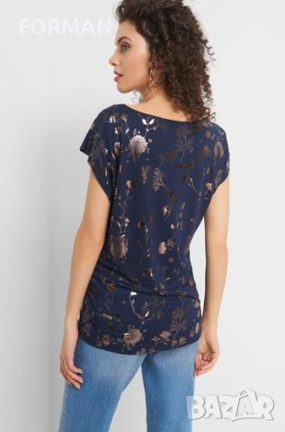 ИЗКЛЮЧИТЕЛНО КРАСИВА тъмносиня блуза с щампа с перлен ефект , снимка 2 - Тениски - 40615556