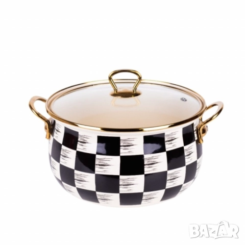 Тенджера Goldmann 24x15см. 6.2л./  26x16см. 8.5л., 4л., 5л., Емайл. Индукция. Бял/Черен каре, снимка 2 - Съдове за готвене - 52112879