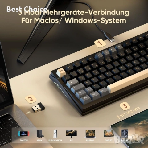 Безжична механична клавиатура RedThunder K95, TFT екран и копчета, трирежимна BT5.0/2.4GHz/USB-C, снимка 10 - Клавиатури и мишки - 53057398