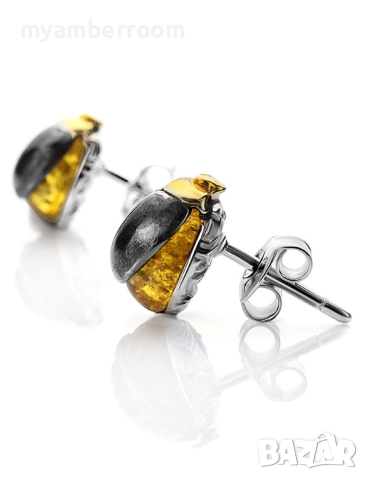 Сребърни обеци с Балтийски кехлибар. Скарабей, снимка 3 - Обеци - 24710514