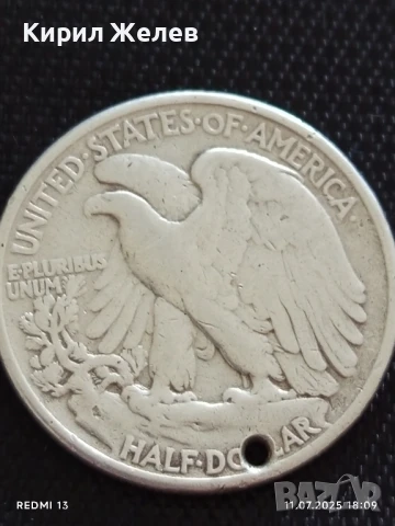 Сребърна монета половин долар 1942г. Америка продупчена за НАКИТ, НОСИЯ, КОЛЕКЦИЯ 43438