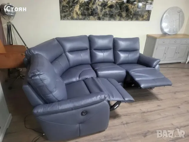 ПРОМОЦИЯ!!! Син кожен ъглов диван "Albion" с електрически релаксиращ механизъм, снимка 2 - Дивани и мека мебел - 47582492
