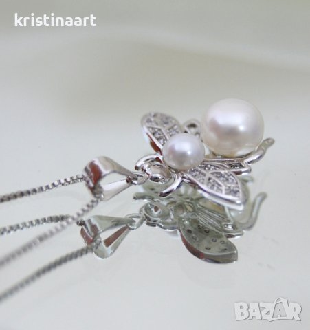 Сребърно колие с бяла перла и циркони, снимка 3 - Колиета, медальони, синджири - 37704759