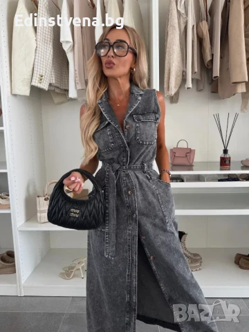 Дамска дълга дънкова рокля в сиво, с копчета и колан, снимка 3 - Рокли - 50777531