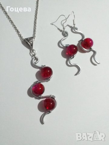Разкошен комплект бижута в рубинено червено с орнаменти в цвят Сребро, снимка 6 - Бижутерийни комплекти - 35638749