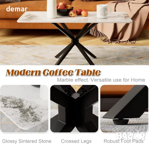 GOLDFAN Модерна правоъгълна масичка за кафе с висок гланц и плот от синтерован камък, снимка 3 - Маси - 50252514