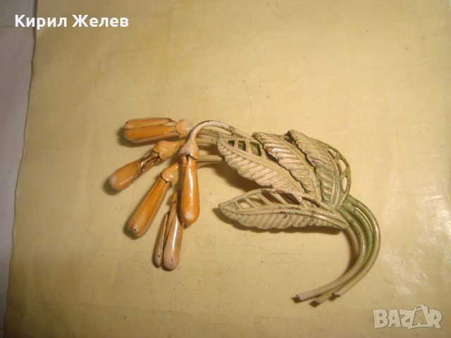 СТАРА АРТ НУВО ЗЛАТИСТА ЛАКИРАНА ФЛОРАЛНА ВИНТИДЖ РЕТРО БРОШКА 26924, снимка 9 - Антикварни и старинни предмети - 34896264