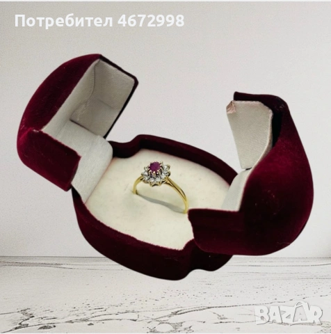 Златен пръстен с диаманти и рубин 14к, снимка 2 - Пръстени - 53266127