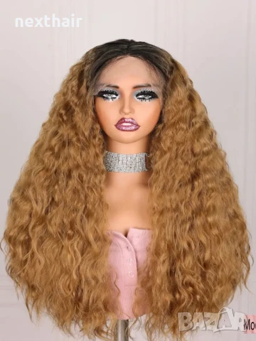 Светло кафява омбре дантелена перука с тъмни корени лейс фронт 13*4*1, снимка 5 - Аксесоари за коса - 50464284