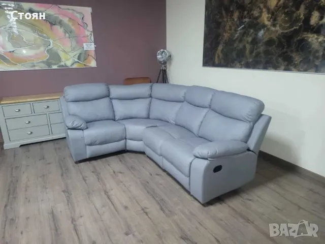 Сив кожен ъглов диван с релаксиращ механизъм от изкуствена кожа, снимка 5 - Дивани и мека мебел - 47710438