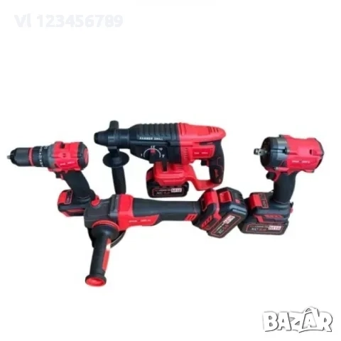 Комплект от акумулаторен перфоратор, ъглошлайф 125 мм, гайковерт и винтоверт 36V с 3 броя батерии 8A, снимка 3 - Куфари с инструменти - 52129681