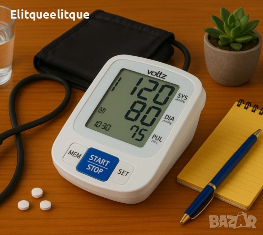 Апарат за кръвно налягане Voltz, Маншет, 2х90 позиции памет, LCD дисплей, Бял
