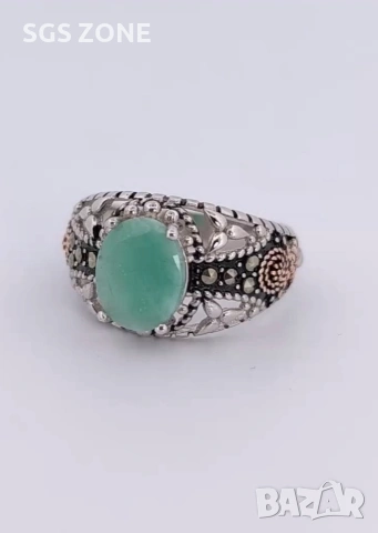 Мъжки сребърен пръстен с изумруд и марказит, снимка 2 - Пръстени - 53370966