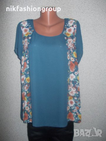 Петролено синя блуза на цветя, XL, XXL размер, снимка 1 - Тениски - 32804306