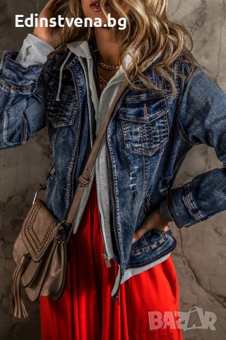 Дамско дънково яке в тъмносин цвят, с контрастна сива подплата, снимка 3 - Якета - 50791545