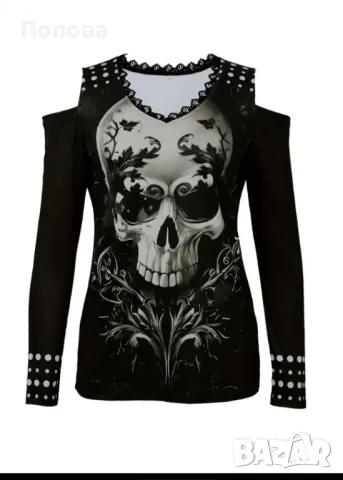 Блуза с голи рамене и принт череп, размер М
