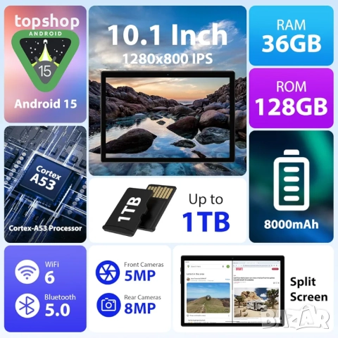 Нов RUSHAR 10-инчов Android 14 таблет с клавиатура - 36GB RAM + 128GB ROM (1TB TF), Octa-Core | WiFi, снимка 2 - Таблети - 52590297