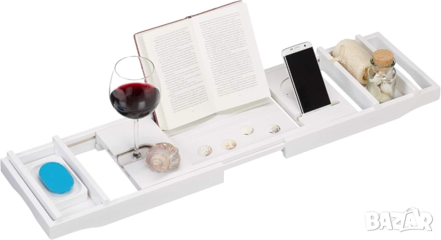 Relaxdays Bamboo Bathtub Caddy 75–109 см – Регулируема Поставка за Вана с Държач за Чаша Вино, Книга