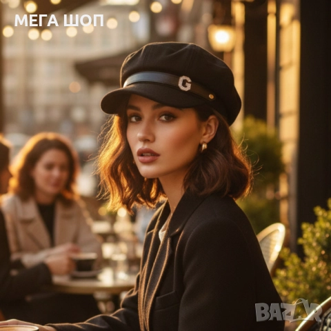 Елегантна дамска шапка тип фуражка с декоративна лента и метално лого, снимка 2 - Шапки - 52682693