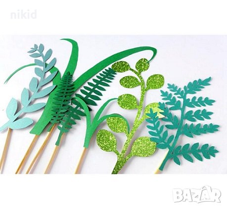 7 бр Изкуствена зеленина растения трева на клечки топери брокатени картон украса декор за торта , снимка 2 - Други - 23999975
