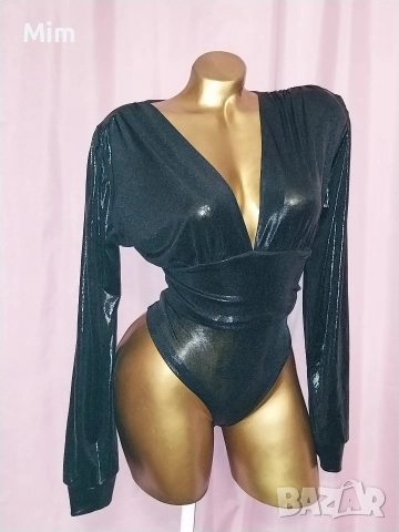  Резервирани Италиянско Черно боди с дълъг ръкав с кожен мокър ефект , снимка 4 - Бельо - 52620863