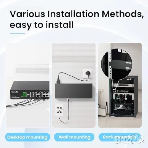 Нов Tenda 16-Портов Gigabit Суич Безшумен Монтаж на Бюро и Стена, снимка 5 - Друга електроника - 49723937