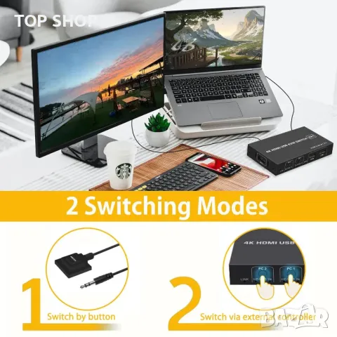 HDMI KVM превключвател 2 компютъра - 1 монитор 4K 60Hz, снимка 3 - Кабели и адаптери - 49457629