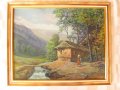 Стара картина ,Виктор Попов селски пейзаж,маслени бои,картонбои, снимка 1 - Картини - 35502034