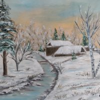 Зимен пейзаж маслена картина, снимка 2 - Картини - 34679971