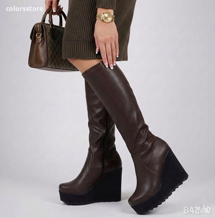 Ботуши на платформа - тъмнокафява кожа - BNP300

, снимка 1