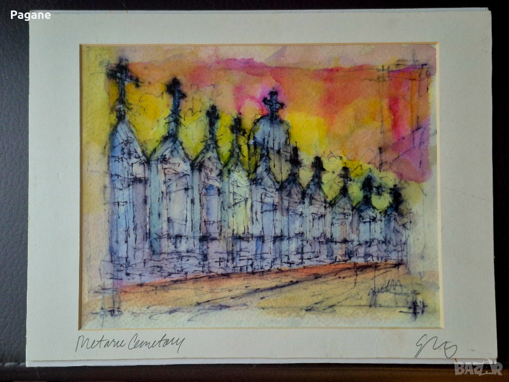 Оригинален акварел от Ню Орлиънс, САЩ – Metairie Cemetery (авт. Gundy), снимка 1