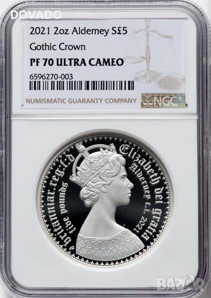 2022 Gothic Crown - Alderney - 2oz £5 - NGC PF70 - Сребърна Монета - от Great Engravers, снимка 1