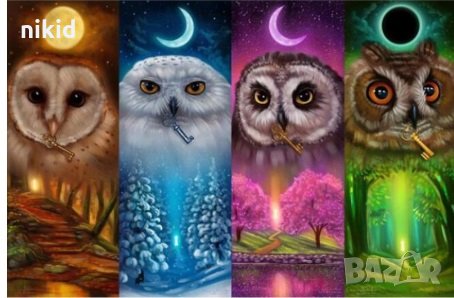 5D гоблен 4 сезона Бухали Сова диамантен гоблен картина мозайка за направа по схема с камъчета, снимка 1