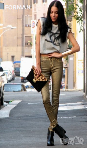 УНИКАЛНИ дънки в перлен златистокафяв цвят, снимка 1