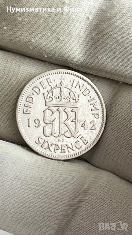 Сребърна монета  6 пенса 1942 година, снимка 1