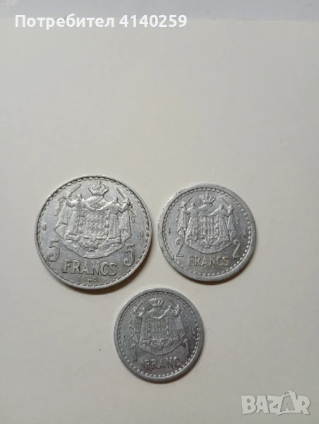 Монако монети лот 5 франка 1945 г 2 франка 1943 г 1 франк 1943 г , снимка 1
