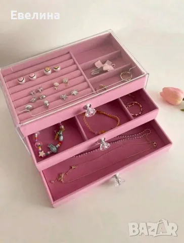 Кутия за бижута с рафтчета, розово кадифе, страхотна за подарък на жена или момиче, снимка 4 - Други - 48036699