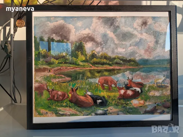Стара картина , пейзаж с говеда на паша в рамка , снимка 4 - Картини - 49249607
