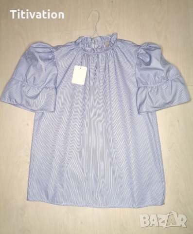 Синя блуза с буфан ръкав, снимка 3 - Корсети, бюстиета, топове - 26675709