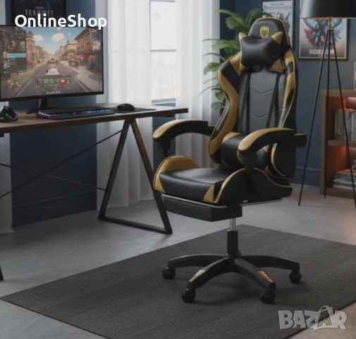 Стилен геймърски стол с масажна възглавница в златисто -GOLD, снимка 8 - Столове - 53314515