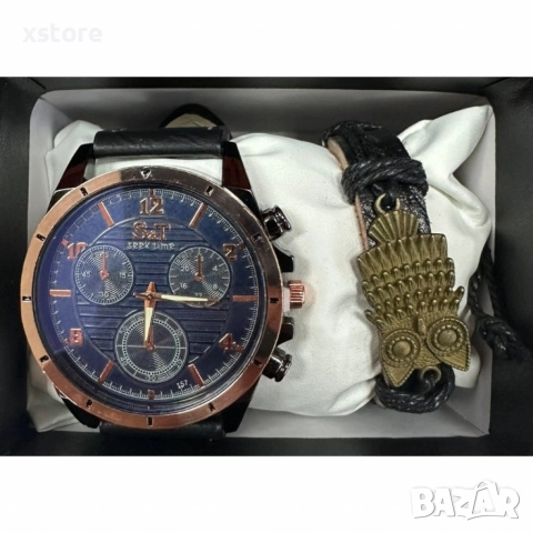 Мъжки часовник S&T Seek Time с кожена гривна – подаръчен комплект, снимка 6 - Мъжки - 52790940
