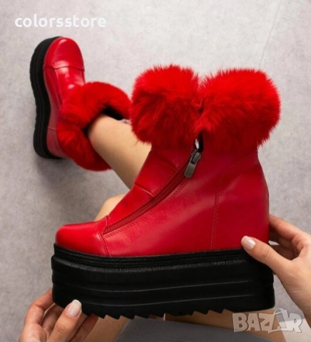 Боти на платформа - червена кожа с пух - BH5020 