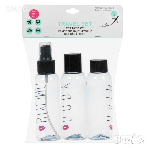 Комплект бутилки за пътуване прозрачни със светло-сини капачки 100 мл – 2 броя_1232493, снимка 2 - Други - 52328966